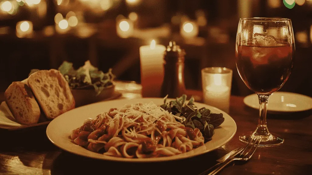 Mafaldine pasta paired with red wine, garlic bread, and salad.