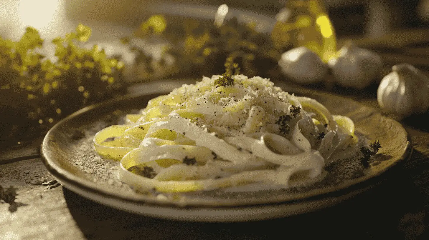 Mafaldine pasta with creamy Alfredo sauce garnished with parsley