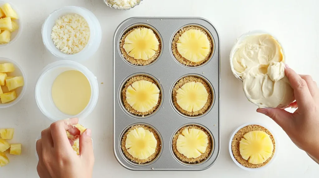 Step-by-step process of assembling mini pineapple upside down cheesecakes in a muffin tin.