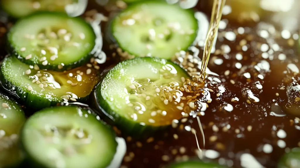 Close-up of marinating cucumbers with soy sauce and garlic.