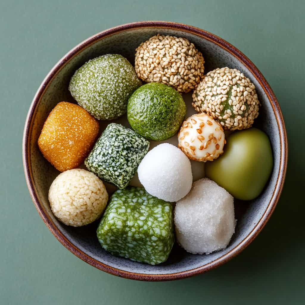 A close-up of matcha mochi and sesame balls, a perfect example of Asian desserts.