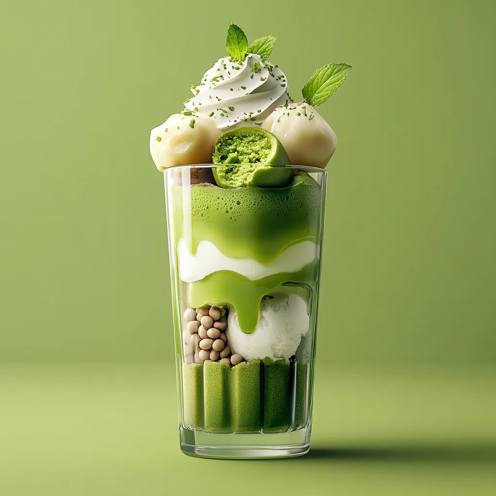 A matcha parfait layered with matcha ice cream, whipped cream, mochi, and sweet beans in a tall glass