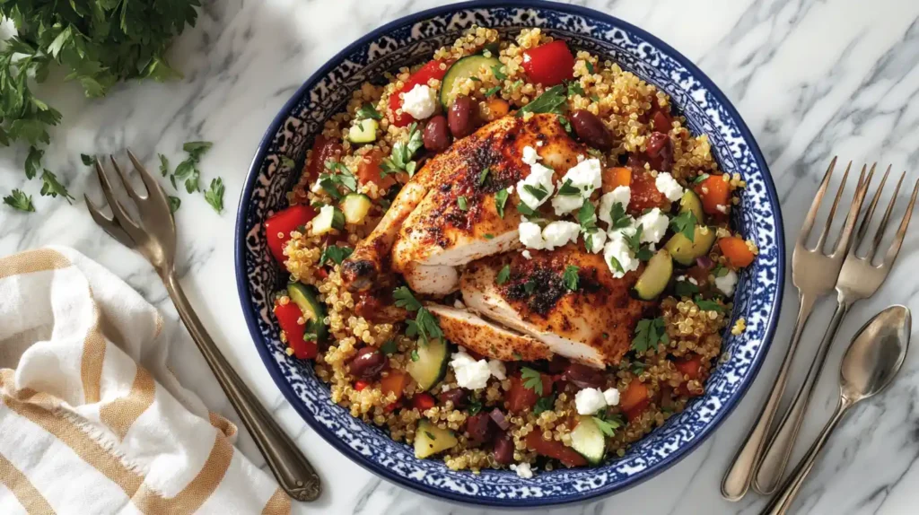 Mediterranean chicken bowl with quinoa, veggies, and feta cheese.