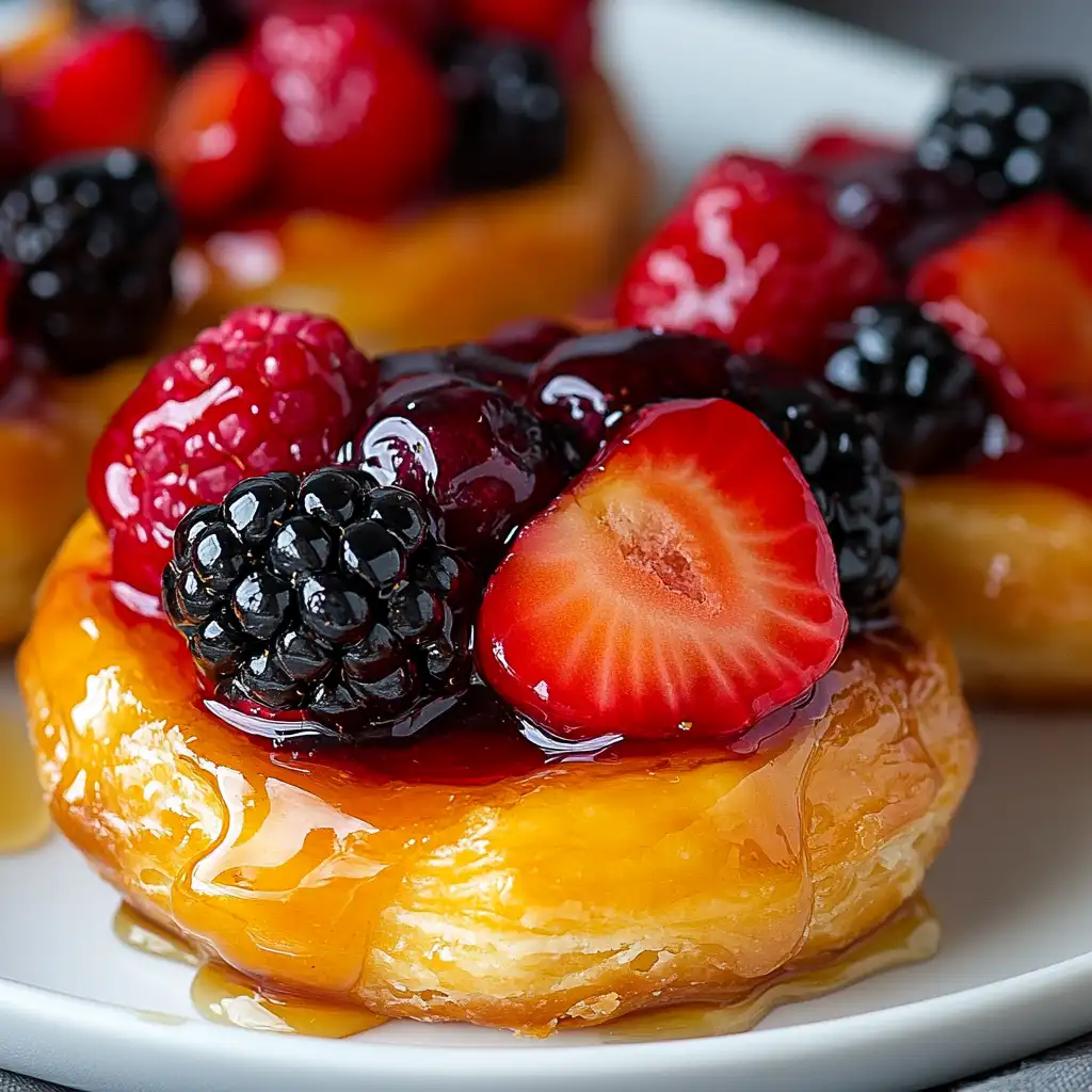 Close-up of mini puff pastry fruit tarts topped with berries and a honey glaze.
