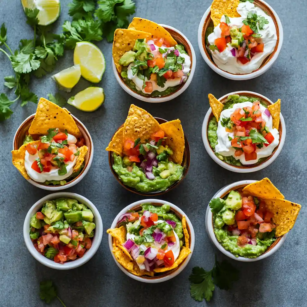 Individual portions of taco dip served in clear cups for easy snacking.
