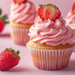 A beautifully frosted strawberry cupcake with fresh strawberries.