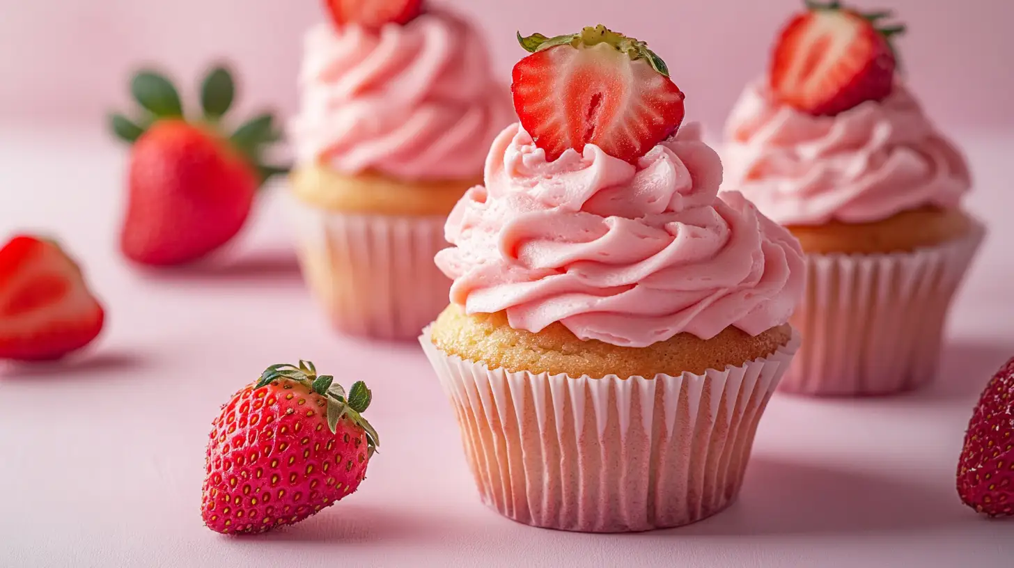 A beautifully frosted strawberry cupcake with fresh strawberries.