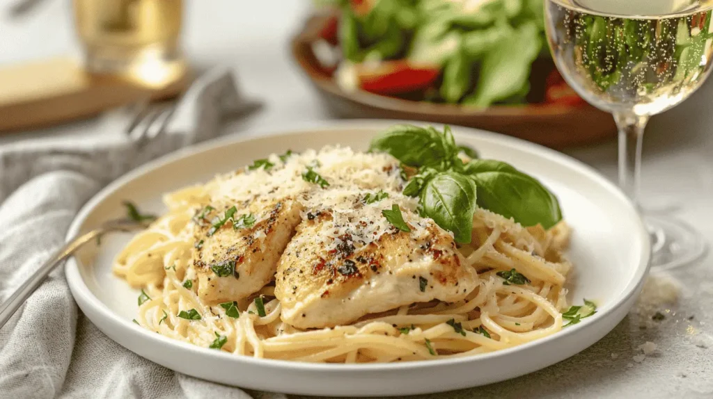 Marry Me Chicken Pasta with White Wine and Salad