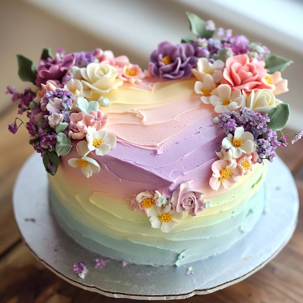 Heart cake with pastel ombré frosting and edible flowers