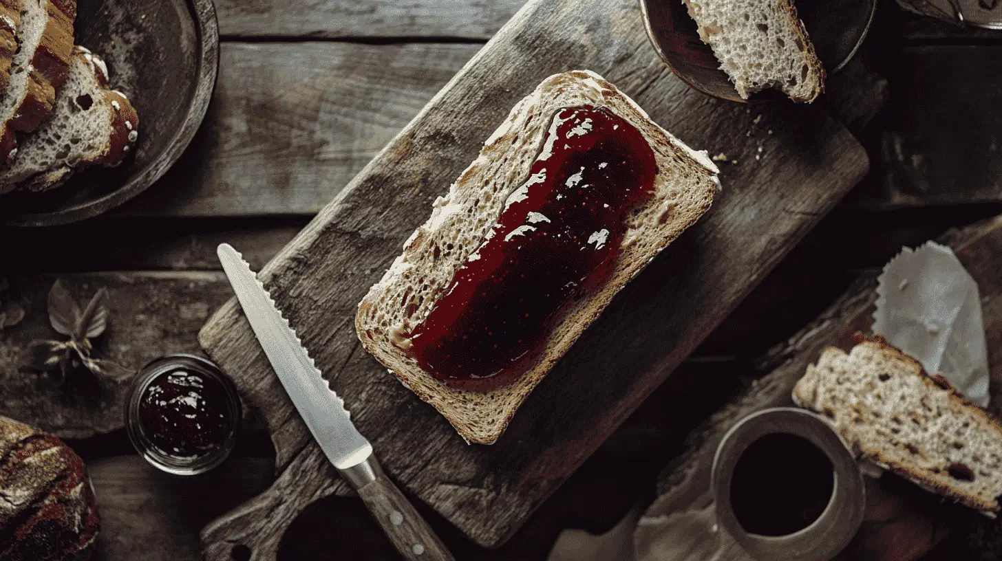 Whole-grain peanut butter and jelly sandwich on a wooden board