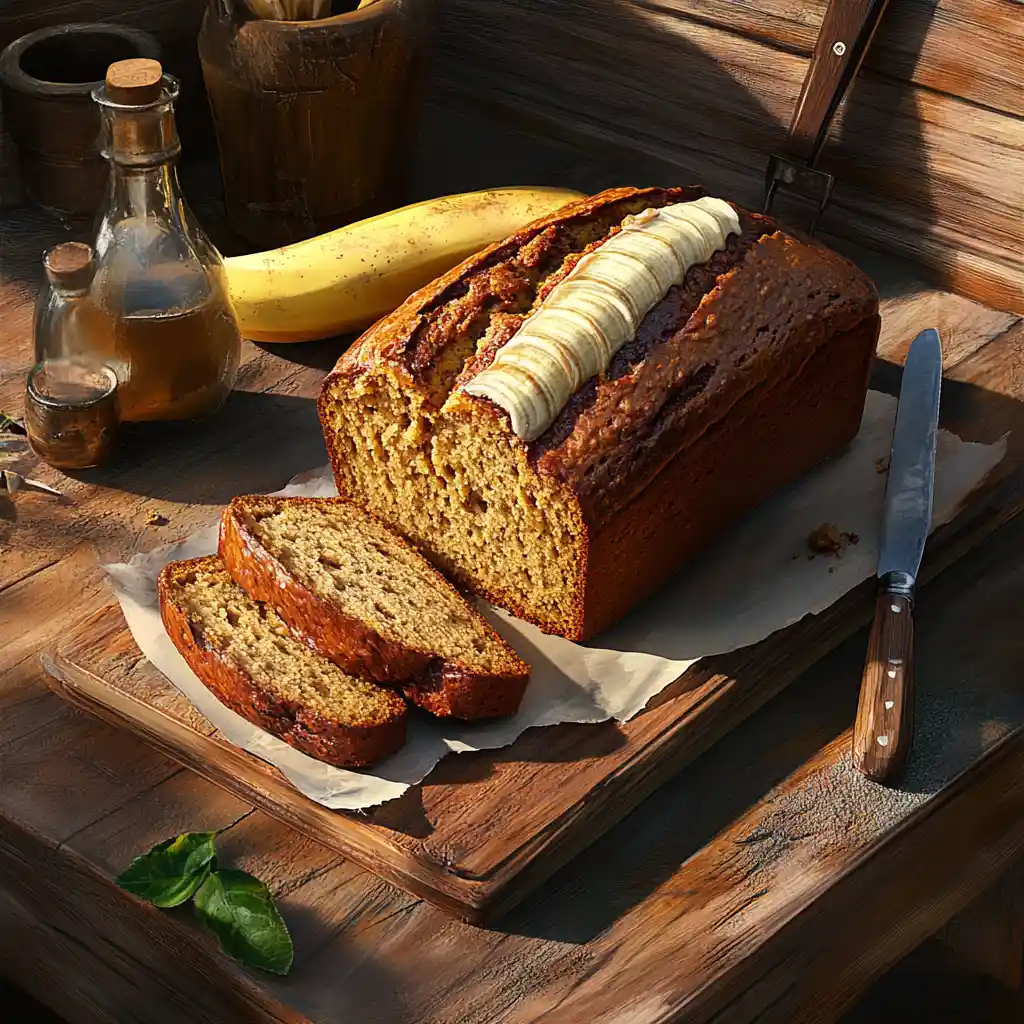 Golden, moist banana bread recipe without butter served on a wooden table