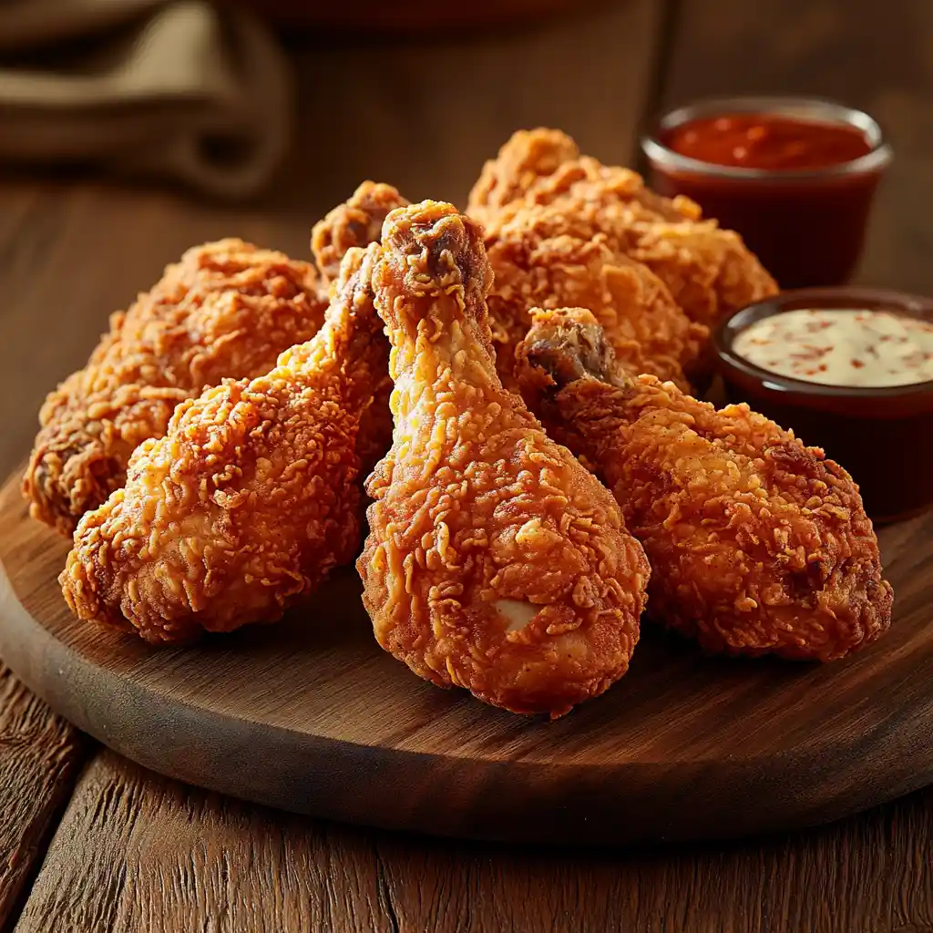 Crispy fried chicken without buttermilk served on a wooden platter.