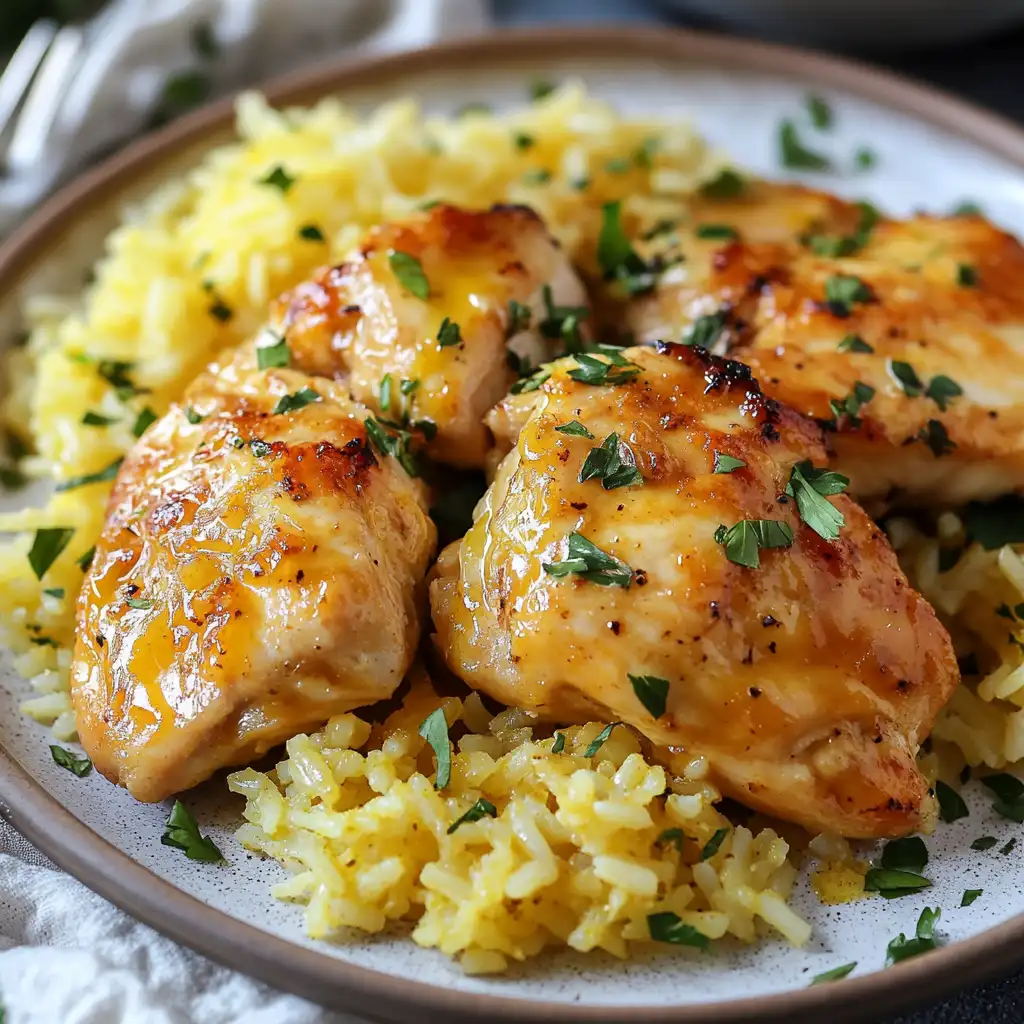 A plated serving of Amazing Forgotten Chicken with rice and fresh parsley