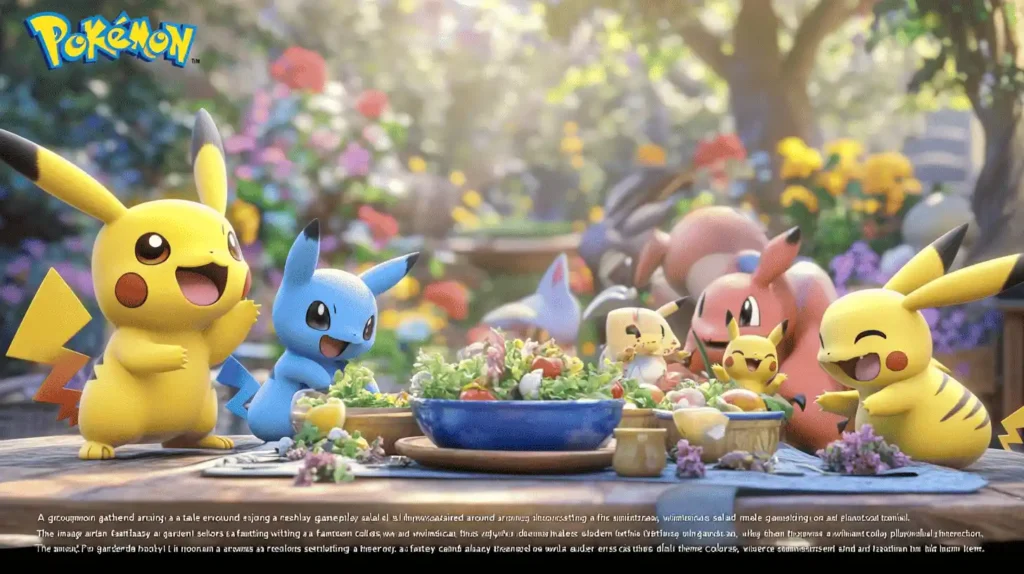 Pokemon characters enjoying a salad bowl in a garden setting.