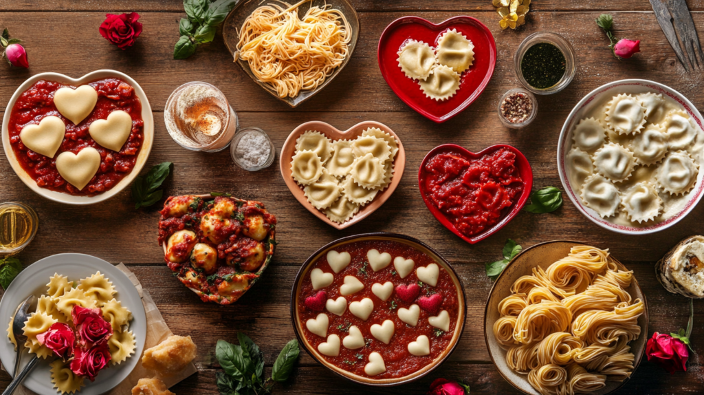 Heart-shaped pasta dishes with various sauces