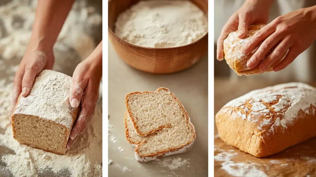 A person kneading dough for a bread grain recipe with flour and tools visible.