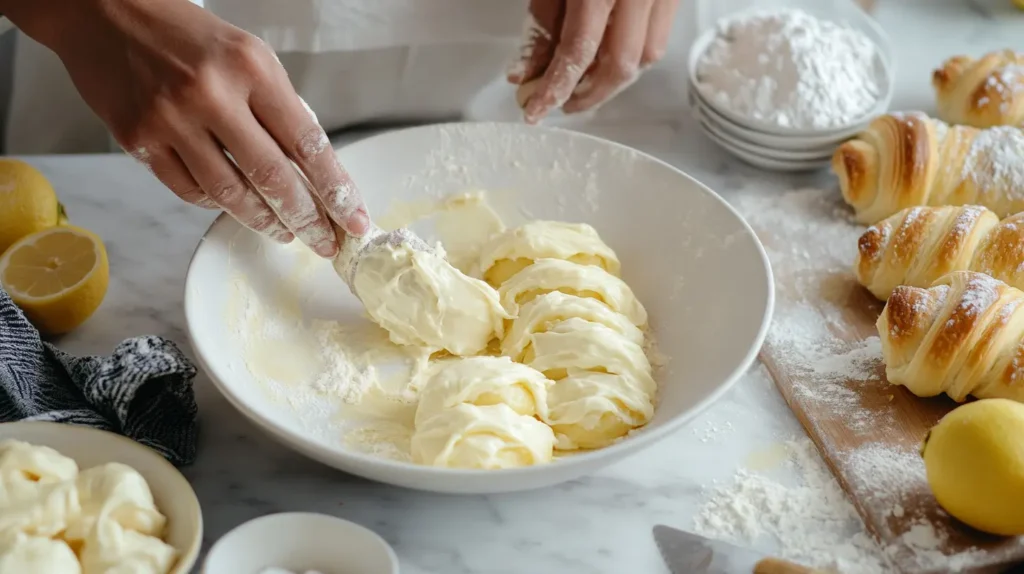 A baker spreading creamy lemon cheesecake filling on crescent dough.