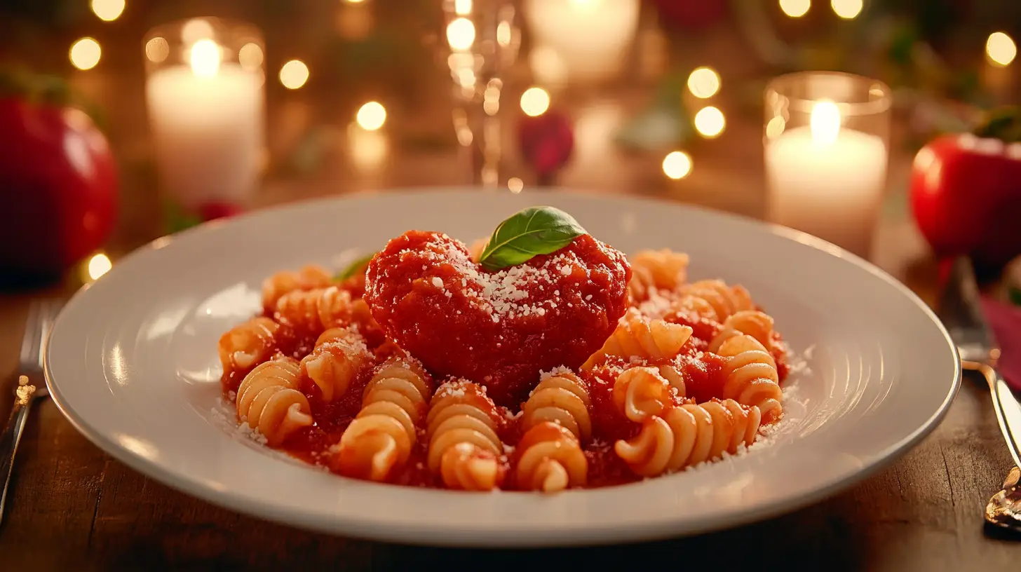 Heart-shaped pasta with marinara sauce and candles