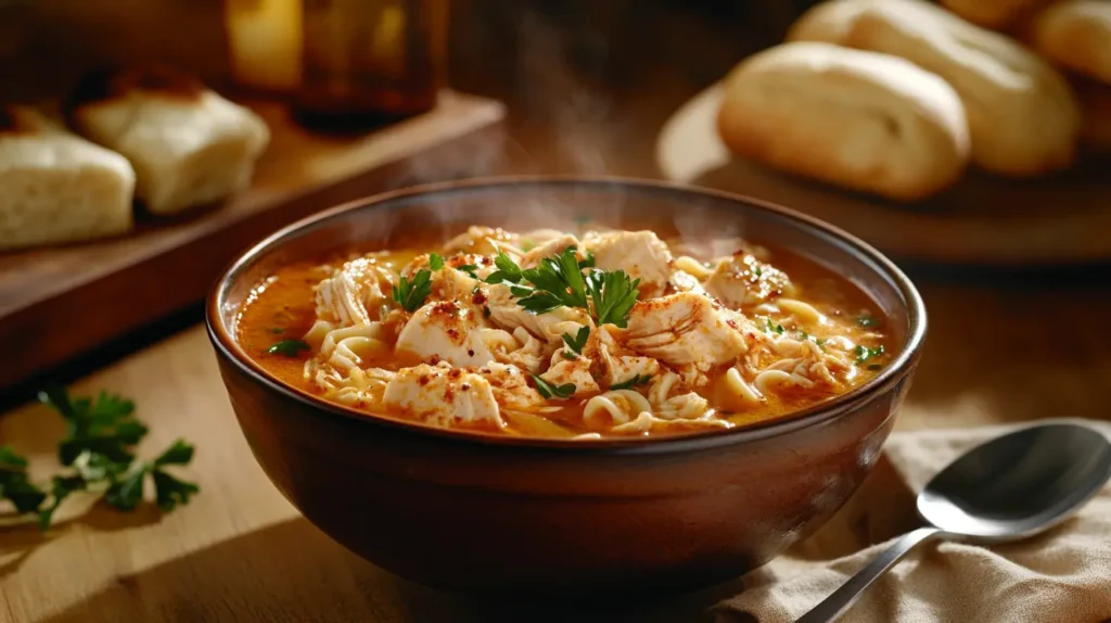 Bowl of chicken noodle soup with parsley garnish and bread rolls.