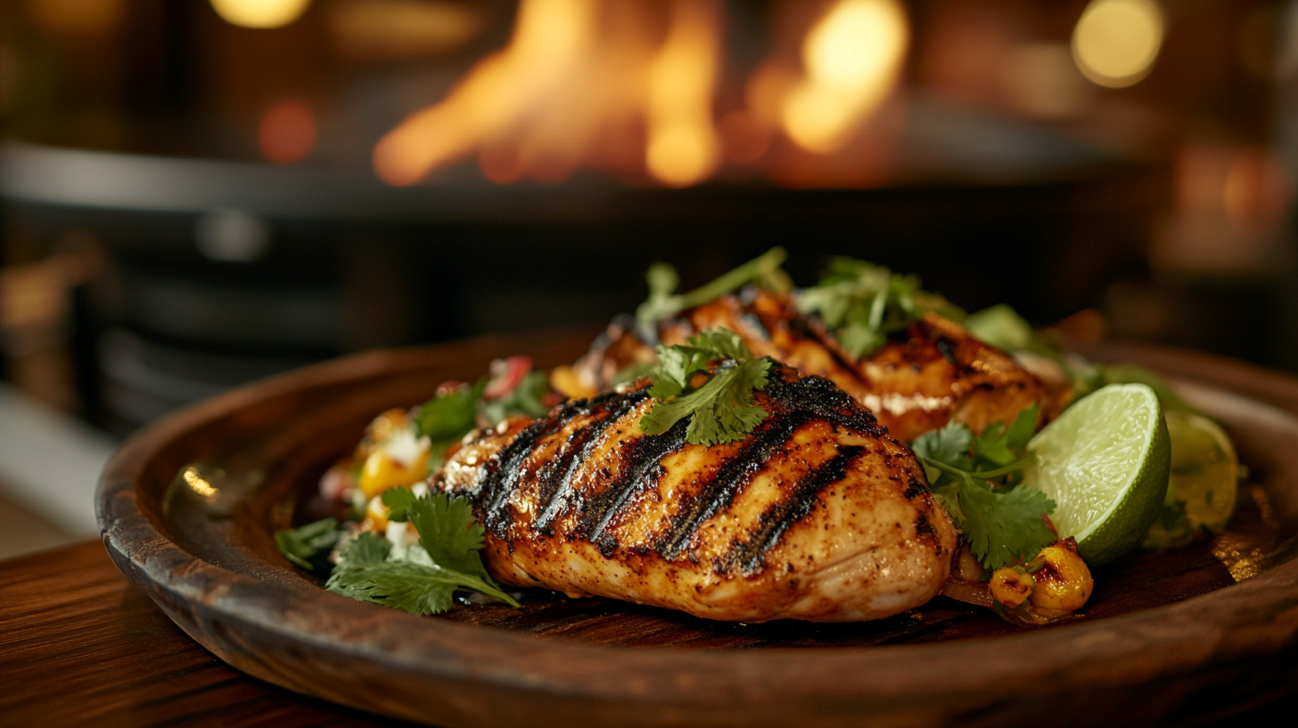 Grilled chicken served with lime wedges and cilantro