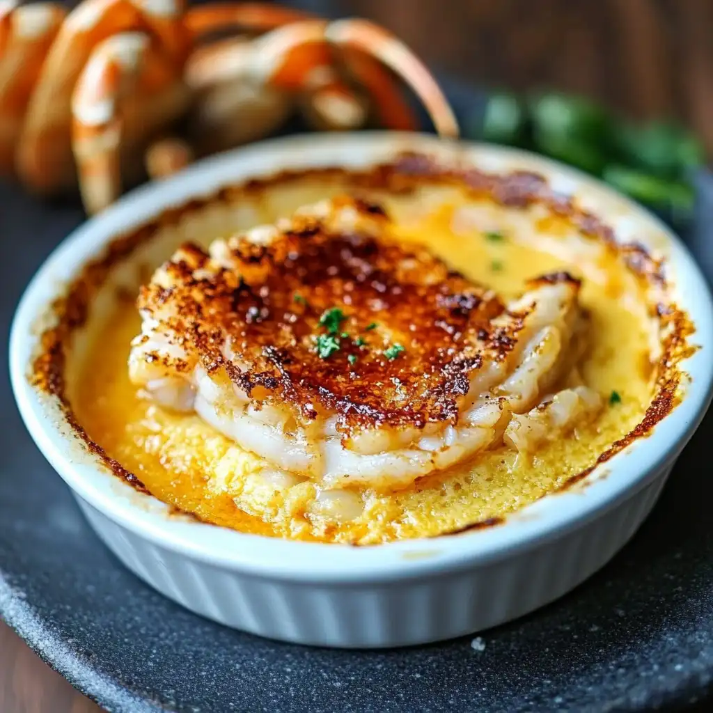 Crab brulee recipe with caramelized topping served in a ramekin