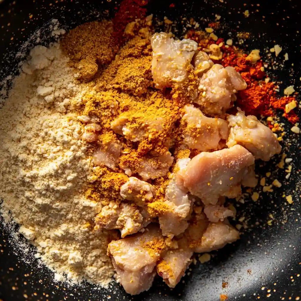 Chicken pieces being breaded in seasoned flour for fried chicken.