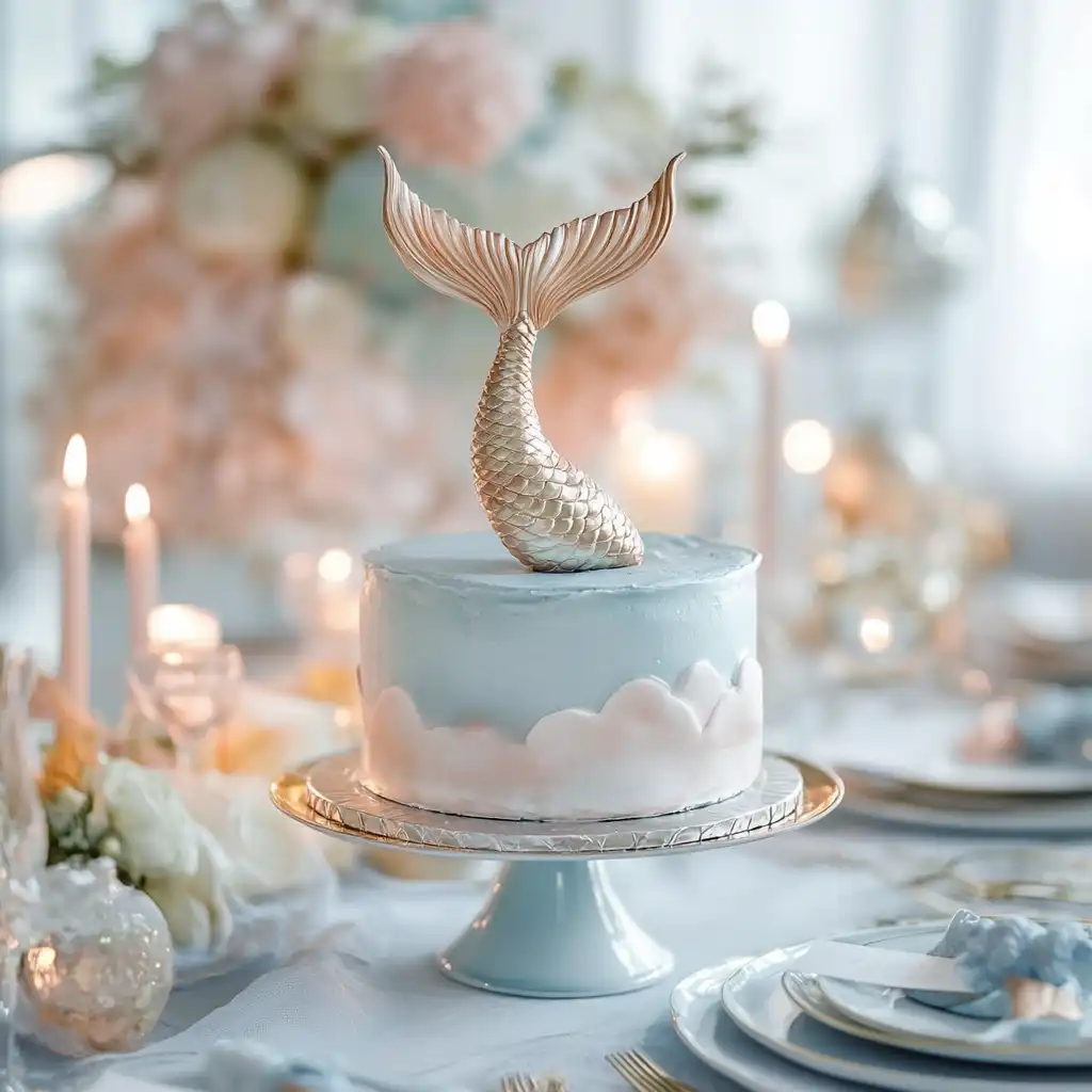 Minimalist mermaid cake with metallic accents and a fondant tail topper.
