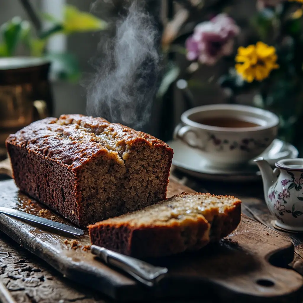 Slicing into a warm, moist loaf of banana bread without butter