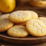 A batch of soft and chewy LEMON SUGAR COOKIES dusted with sugar, served with fresh lemon slices.