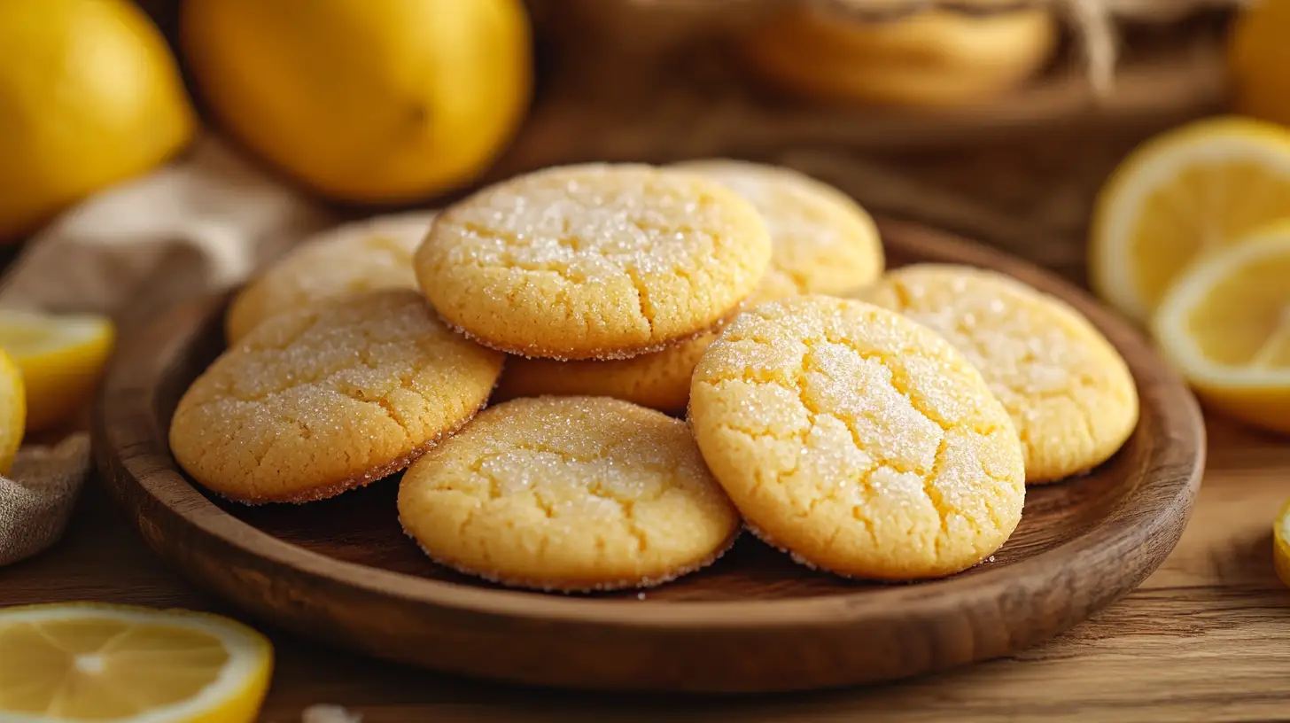 A batch of soft and chewy LEMON SUGAR COOKIES dusted with sugar, served with fresh lemon slices.