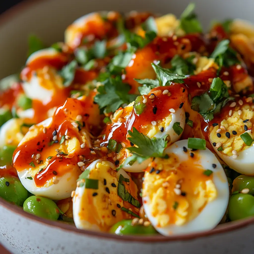 Spicy Sriracha Edamame Egg Salad with a bold, colorful garnish.