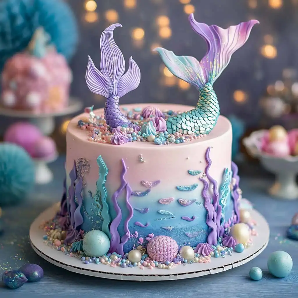 A beautifully decorated mermaid cake in pastel shades with edible glitter, sugar pearls, and fondant decorations.