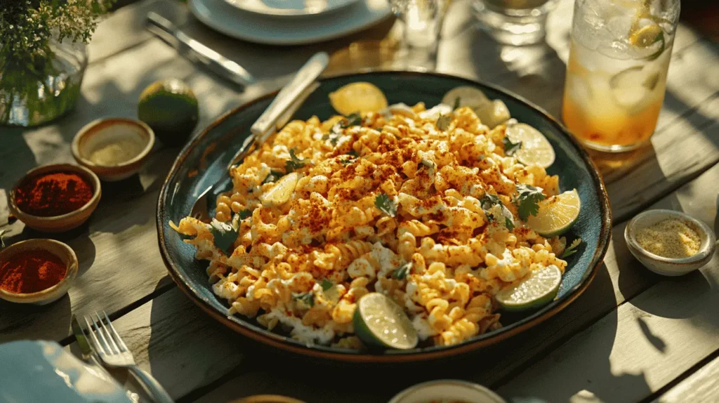 Serving platter of elote pasta salad with lime and lemonade.