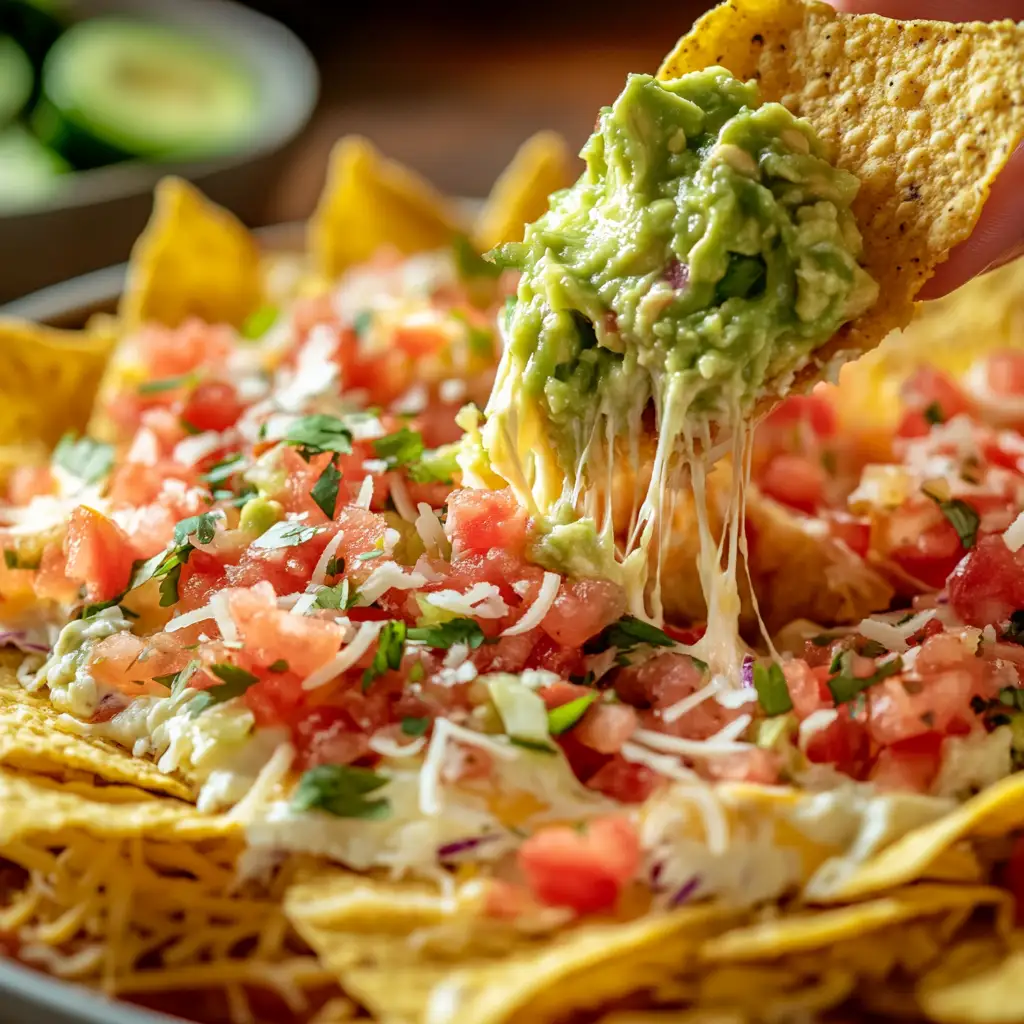 taco dip recipe​ / Tortilla chip scooping creamy taco dip with colorful toppings.
