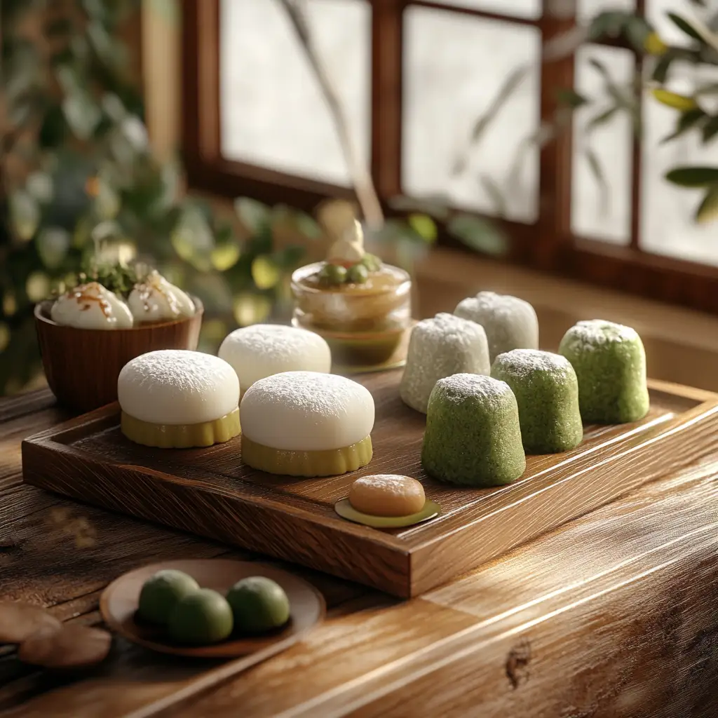 A variety of traditional Japanese desserts like mochi, matcha parfaits, and dorayaki arranged on a wooden platter.