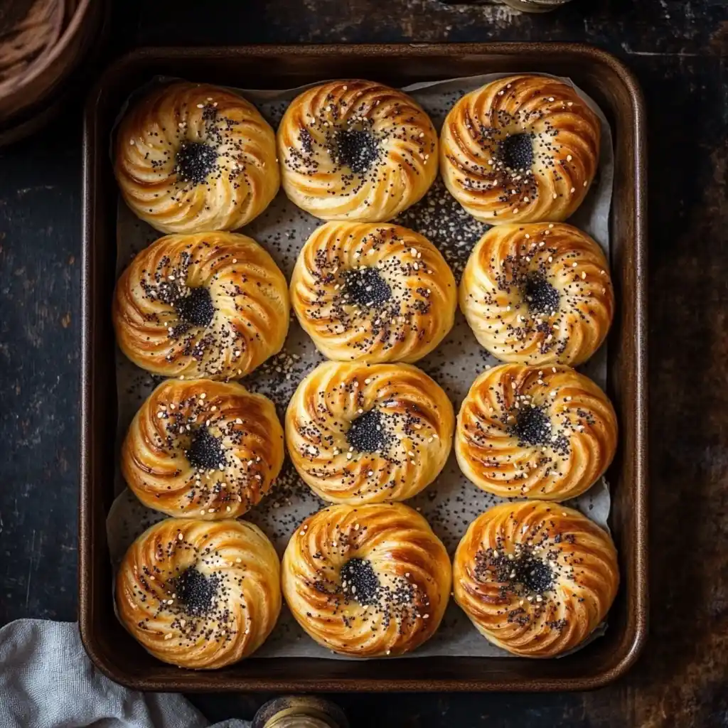 A tray of golden sourdough bagels with seeds, fresh from the oven