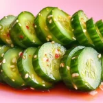 A vibrant Din Tai Fung cucumber salad with fresh, glossy cucumber slices in a sesame soy marinade.