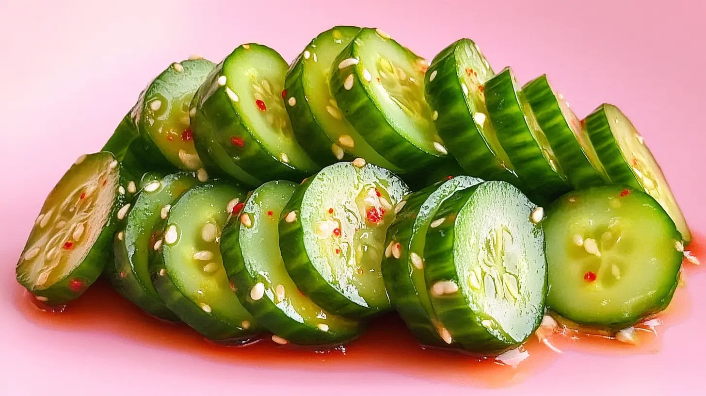 A vibrant Din Tai Fung cucumber salad with fresh, glossy cucumber slices in a sesame soy marinade.