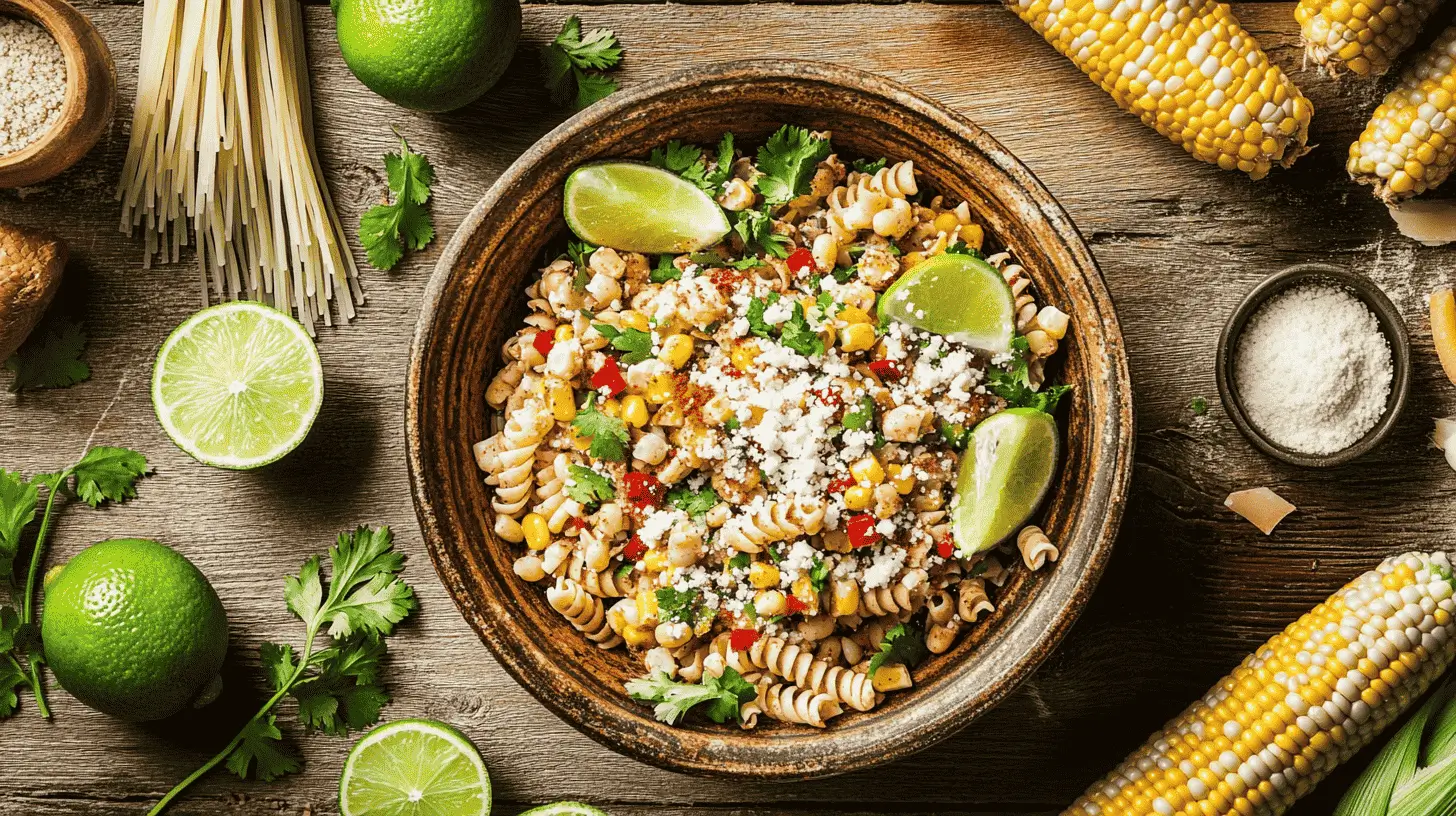 Elote pasta salad with lime and cotija cheese.