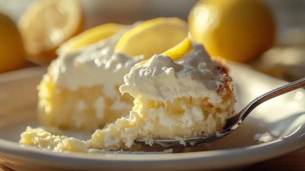 A close-up of a spoon scooping into a warm Lemon Cream Cheese Dump Cake with gooey filling.