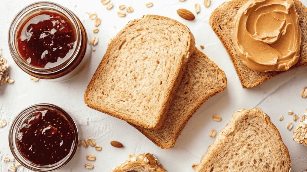 Whole-grain bread with seeds alongside peanut butter and jelly