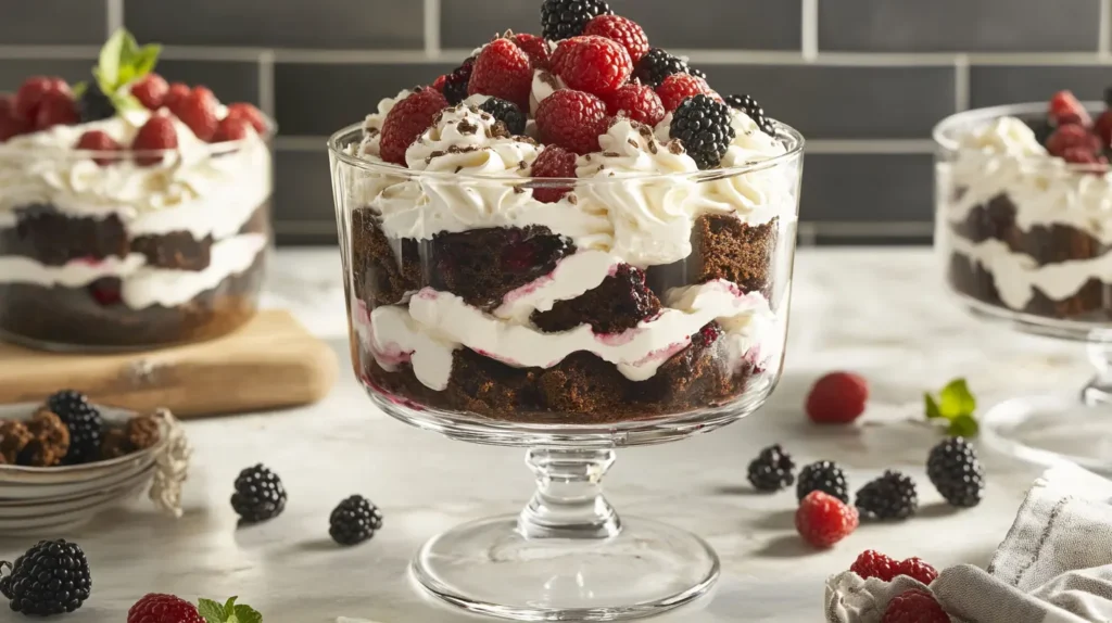 A zebra cake trifle layered with cream, berries, and zebra cake chunks.