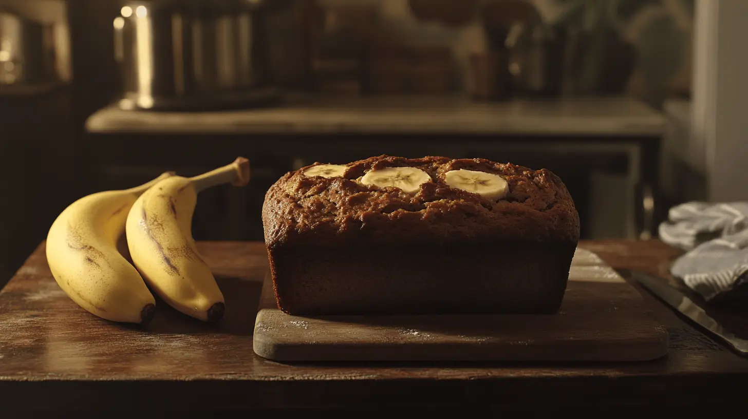 reshly baked banana bread with two bananas on a rustic table