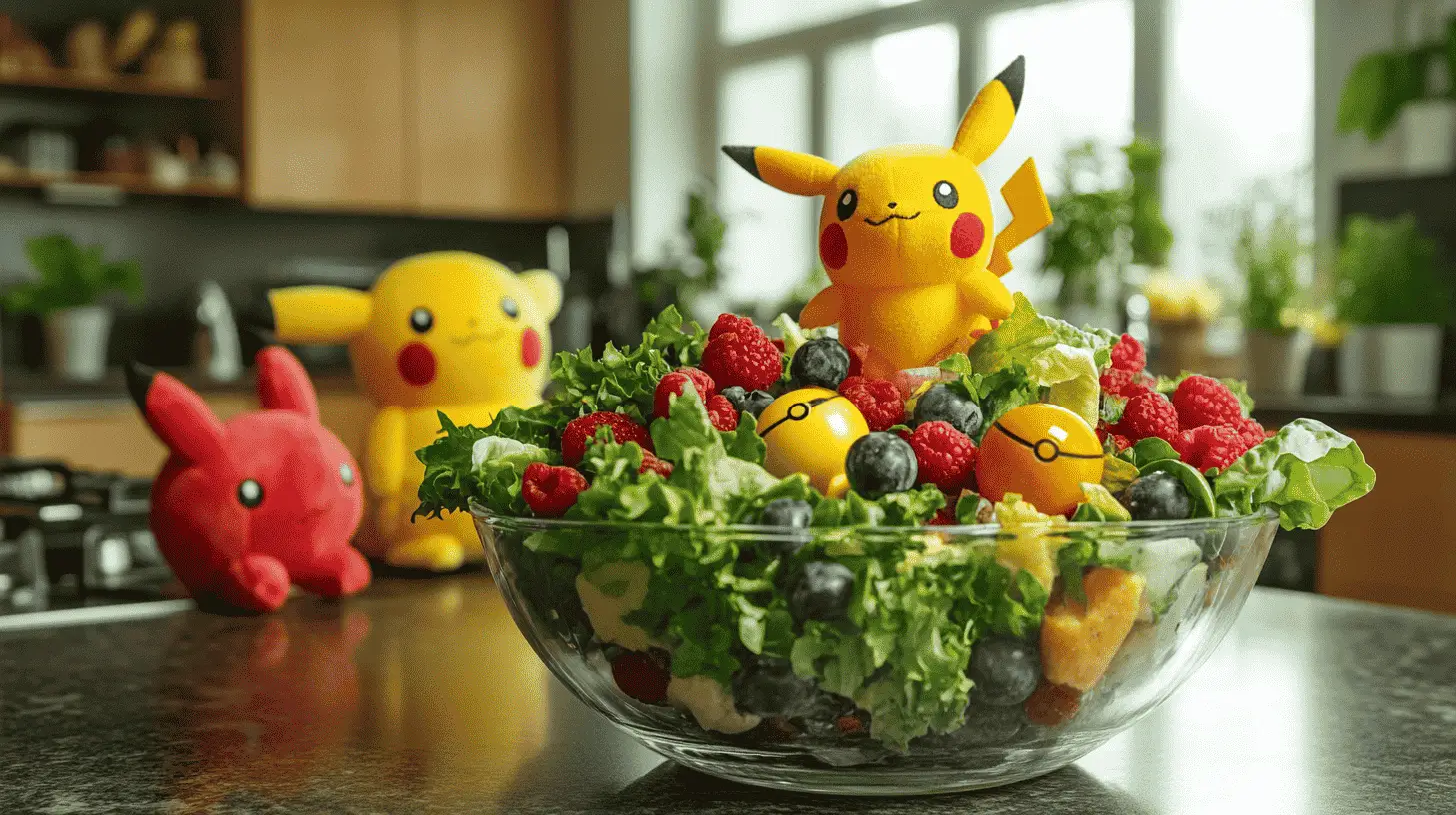 Colorful salad bowl inspired by Pokemon Sleep recipes in a cozy kitchen