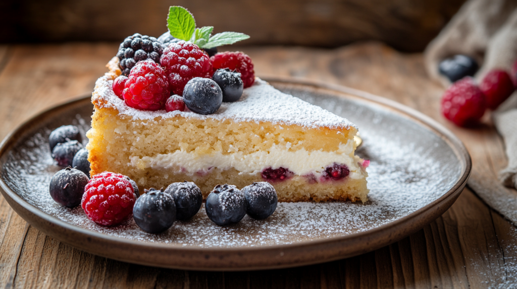 The Best Lemon Dump Cake with Cream Cheese – Just 4 Steps! 3 A slice of lemon dump cake with cream cheese served with fresh berries and powdered sugar.