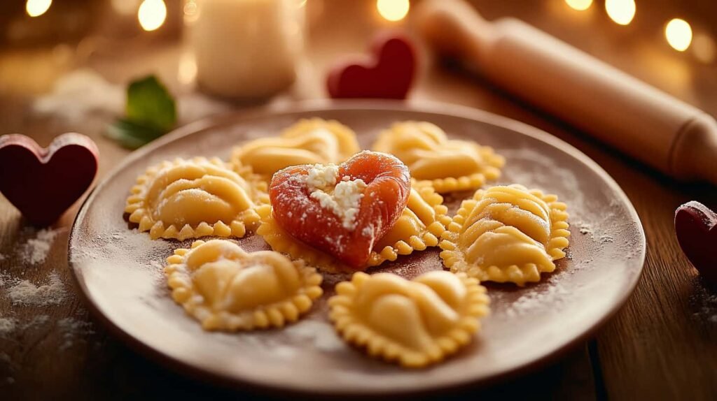 Making heart-shaped ravioli with ricotta cheese