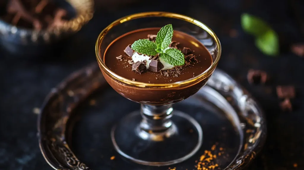 Decadent Chocolate Mousse Recipe – Perfect for Any Occasion 3 Chocolate mousse elegantly served in a glass with gold accents, garnished with a mint leaf and cocoa powder."