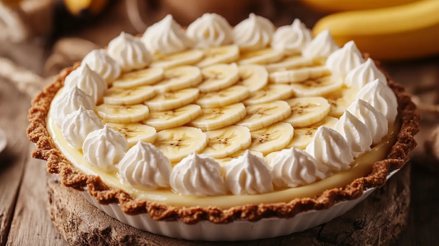 classic banana cream pie with a flaky crust, rich custard filling, and whipped cream topping, served on a white plate.