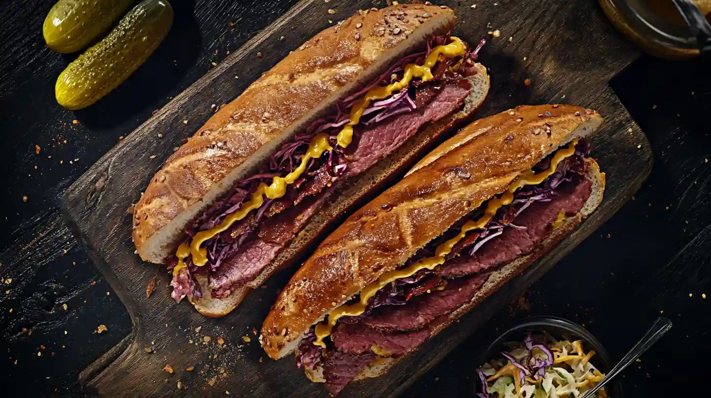 Classic pastrami sandwich with rye bread, mustard, and pickles