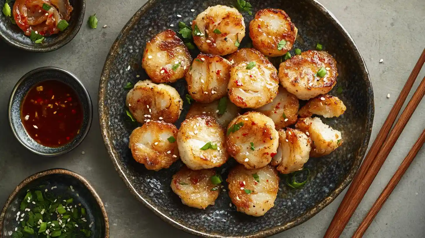 A plate of freshly made Korean fish cakes with scallops, served with dipping sauce